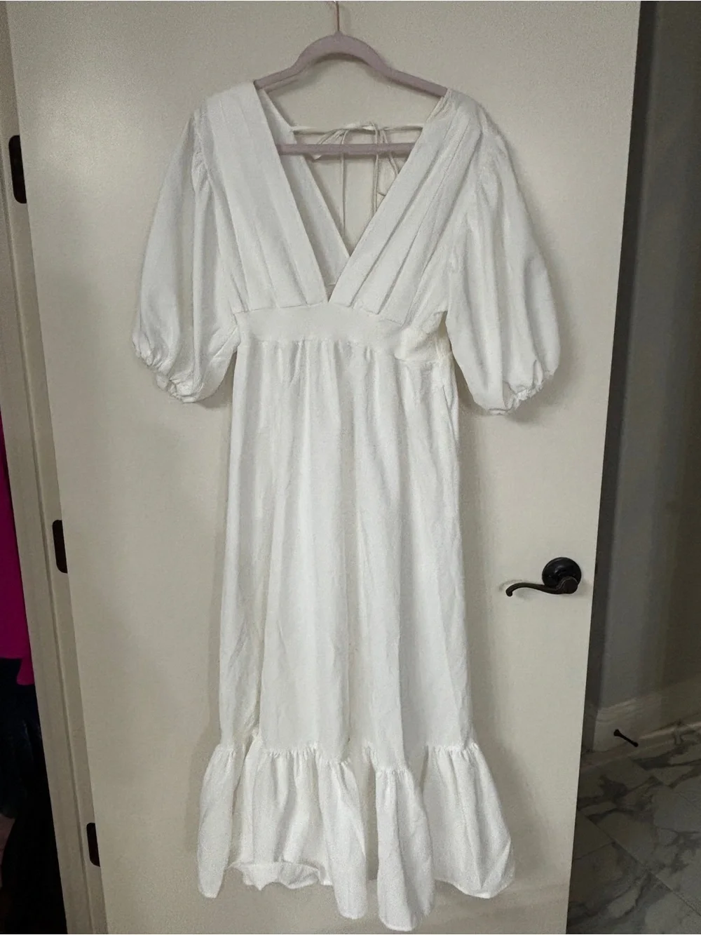 White Puff-Sleeve V-Neck Midi Dress